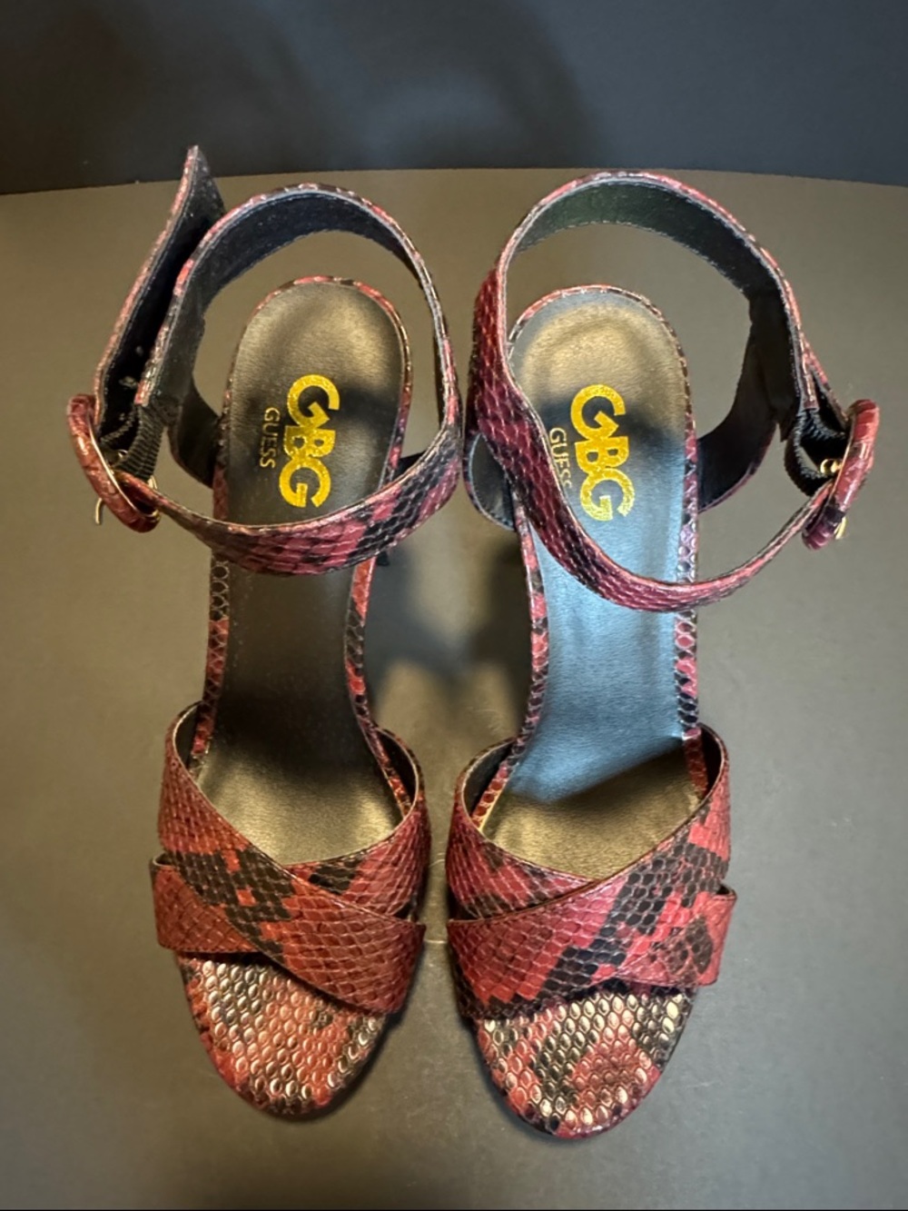 G by Guess Red Snakeskin Ankle-Strap Platform Heels - Picture 6 of 12